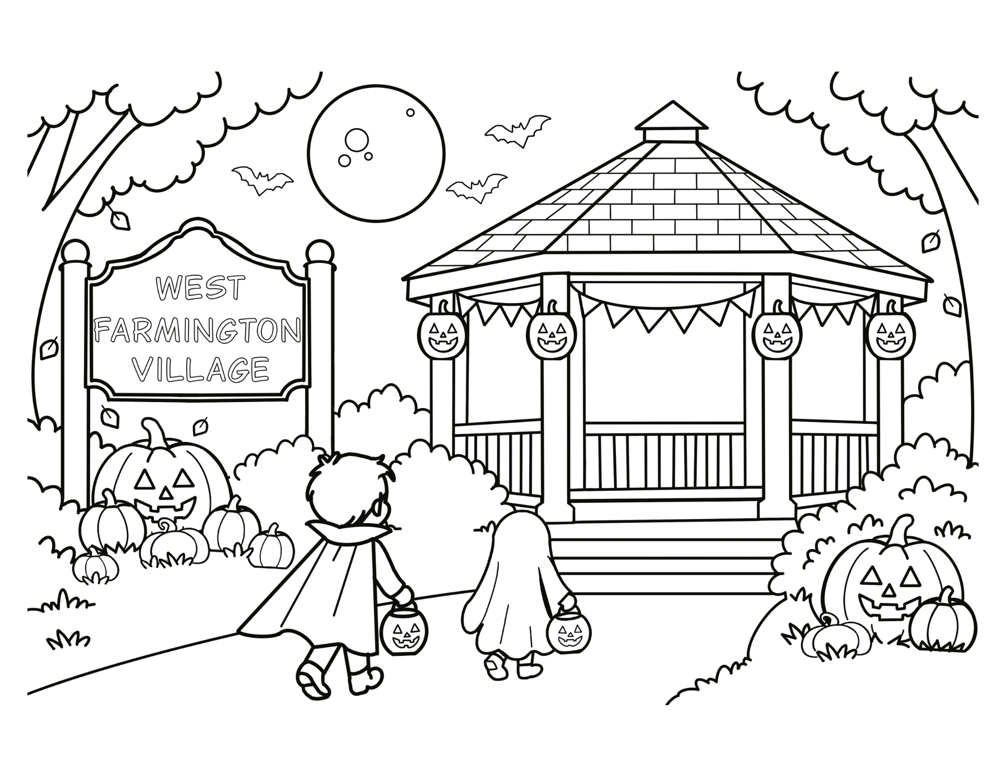 Free West Farmington Halloween coloring sheet made by Jennifer Howard